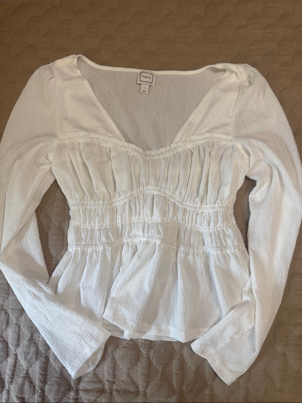 Maeve White Smocked Peplum Long-Sleeve Blouse Large Anthropologie